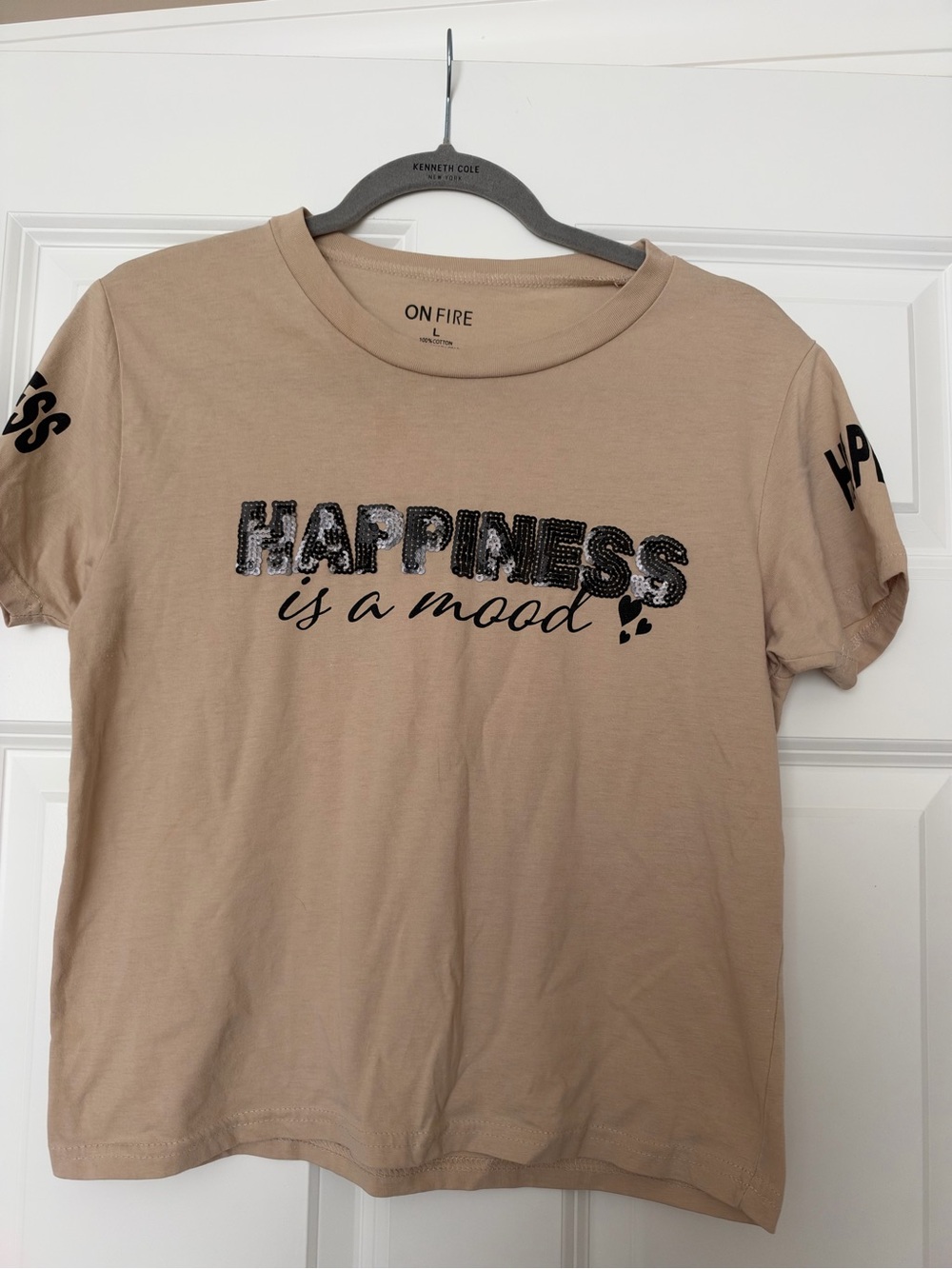 On Fire Beige Sequin 'Happiness is a Mood' Graphic Tee